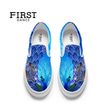 Обувь на заказ; женские легкие лоферы с 3D принтом павлина; повседневные парусиновые кроссовки без застежки для девочек; цвет синий; большие размеры