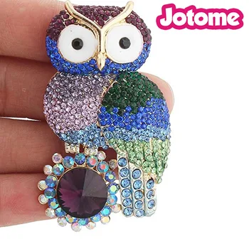 

100pcs a lot Gold-Tone Owl Sunflower Blue Austrian Crystal Brooch