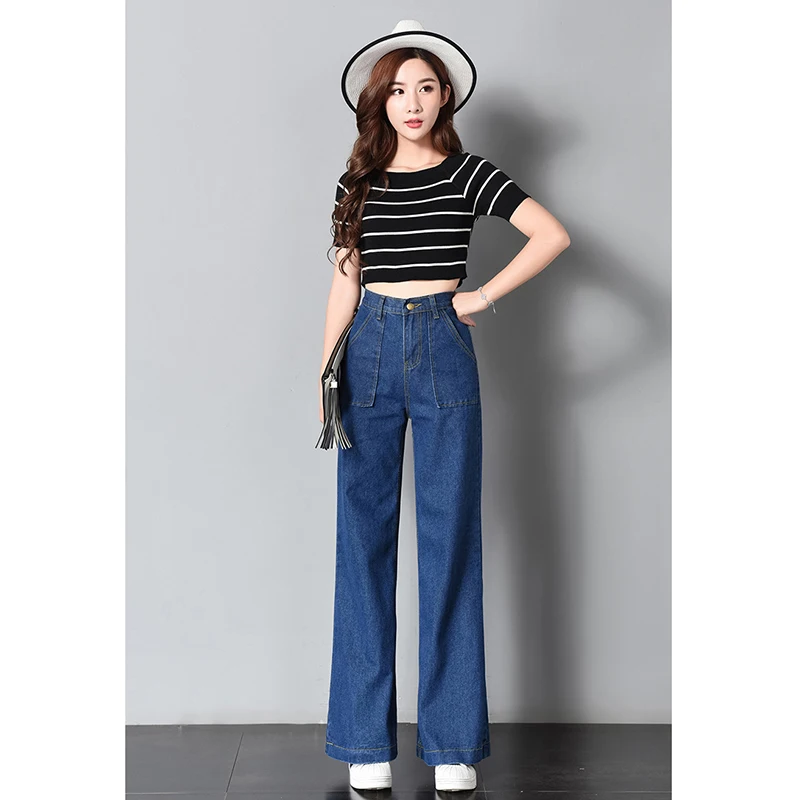 

Fashion Women Vintage Wide Leg Jeans Loose Washed Big Pocket High Waist Denim Pants Long Jeans New
