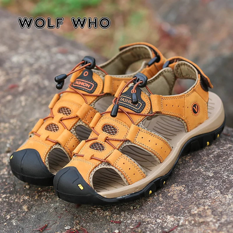 

WOLF WHO New Fashion Summer Beach Men Sandals Genuine Leather Handmade Man Soft Sandals Male Causal Shoes Plus Size 38-47 A-011