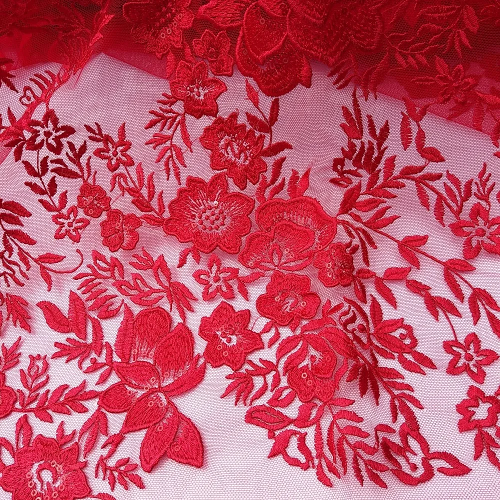 2017 Latest french lace red flower embroidered tulle lace fabric pretty
