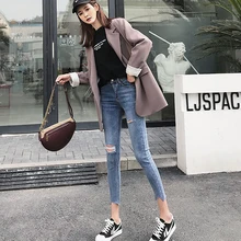 17Zq супер высокая Талия Джинсы женские стиль весна Чистый хлопок отверстия показать тонкие узкие колготки Индивидуальность Мода Брюки 6527