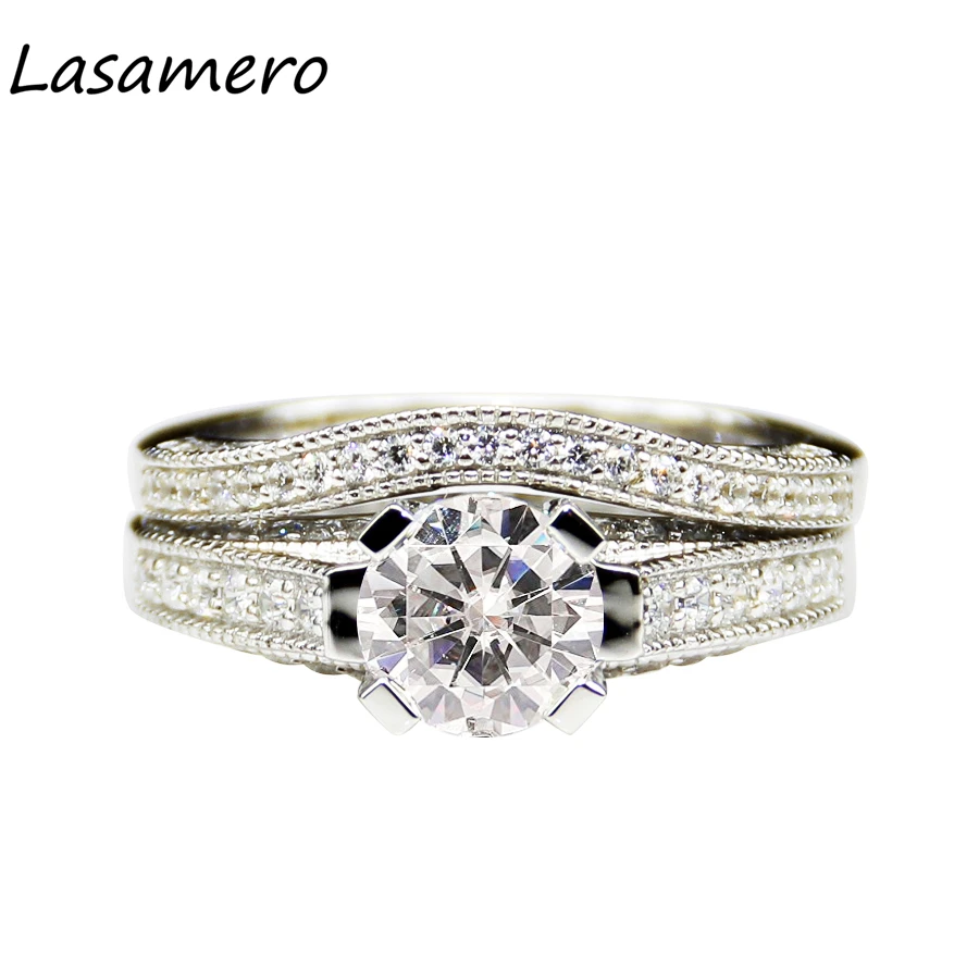 

LASAMERO Luxury 1CT Round Cut Simulated Diamond 925 Sterling Silver Bridal Sets Romantic Accents Engagement Wedding Ring