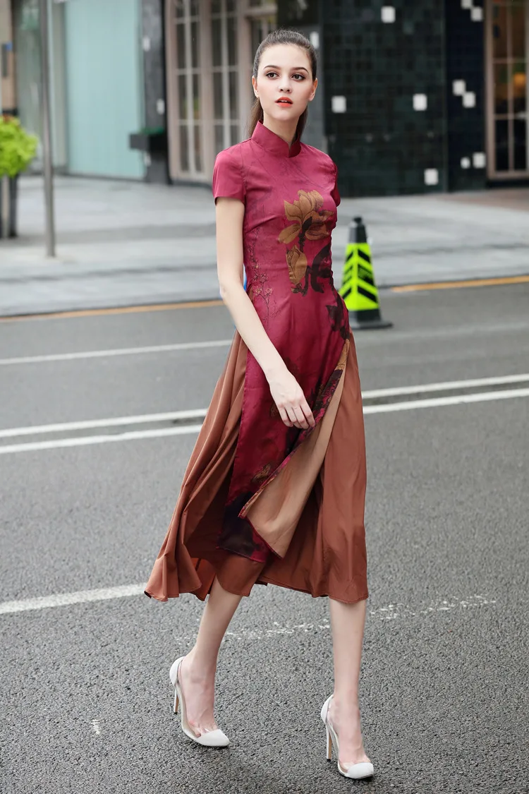 Осень азиатских Костюмы аозай Вьетнам традиционное Ципао Для женщин Китайский обтягивающее платье Chinoise современный Цветочный принт Aodai
