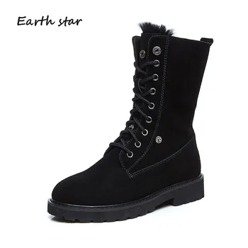 

botas mujer Real Leather Casual Shoes Women Fashion Brand Warm Martin Boots Lady chaussure Female Warm footware Mid Calf Boots