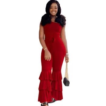 

Ladies Summer Sleeveless Jumpsuits for Women One Shoulder Elegant Jumpsuit Layered Ruffles Flare Pants Bodycon Rompers Overalls