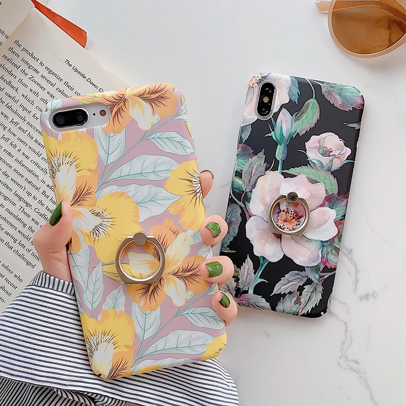 

Finger Ring Grip phone Case For iphone X Case For iphone XR Xs max 7 8 6 6s plus camellia Floral Pattern Phone Holder Cover