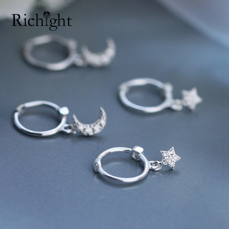 

Vintage 925 Sterling Silver Earrings Classic Bling Tiny CZ Stone Cute Star and Moon Charm Earrings Ear Hoop Small Huggie Earring