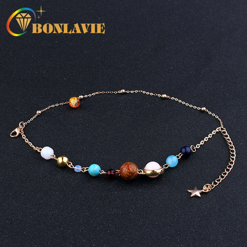 

2 Ply Universe Galaxy the Eight Planets Solar System Guardian Star Natural Stone Chain Bracelet Bangle for Women Gift