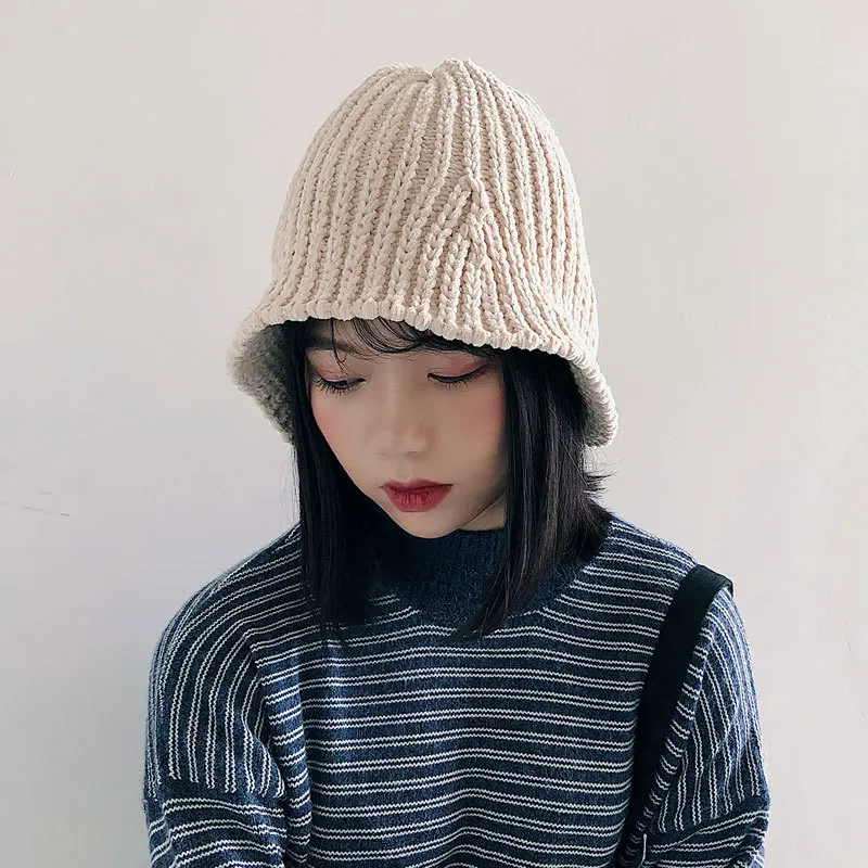 

2018 Chenille Fisherman Hat Autumn And Winter Cap Korean Chic Folding Knitted Elastic Bucket Hat Hip Hop