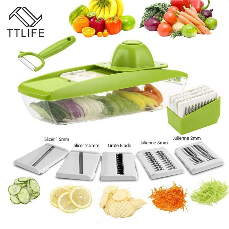 

TTLIFE 5 Interchangeable Blades Stainless Steel Adjustable Mandoline Vegetable Slicer Fruit Cutter Grater Kitchen Salad Maker