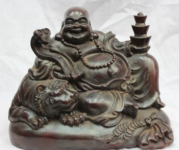 

JP S61 10" Chinese Buddhism Bronze Seat Happy Laugh Buddha & Tiger Ruyi Yuanbao Statue
