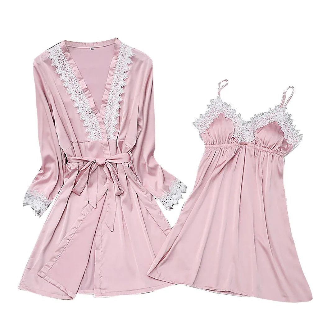 Женское белье, Шелковый кружевной халат, платье, ночная рубашка, ночная рубашка, пижама, набор, Nuisette Femme De Nuit Pijamas, женская одежда для сна - Цвет: Pink