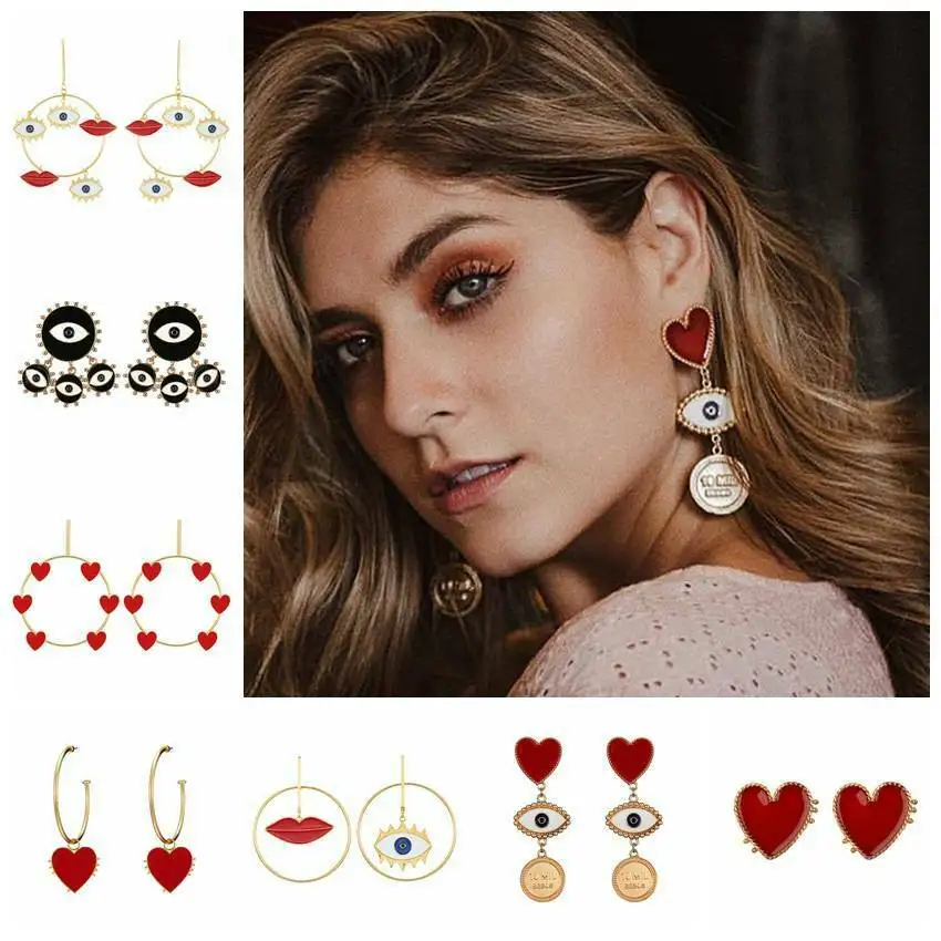 

2019 New Design Exaggerated Long Big Evil Eyes Lips Charm Gold Loop Dangle Earrings For Women Bohemian Gold Statement Earring