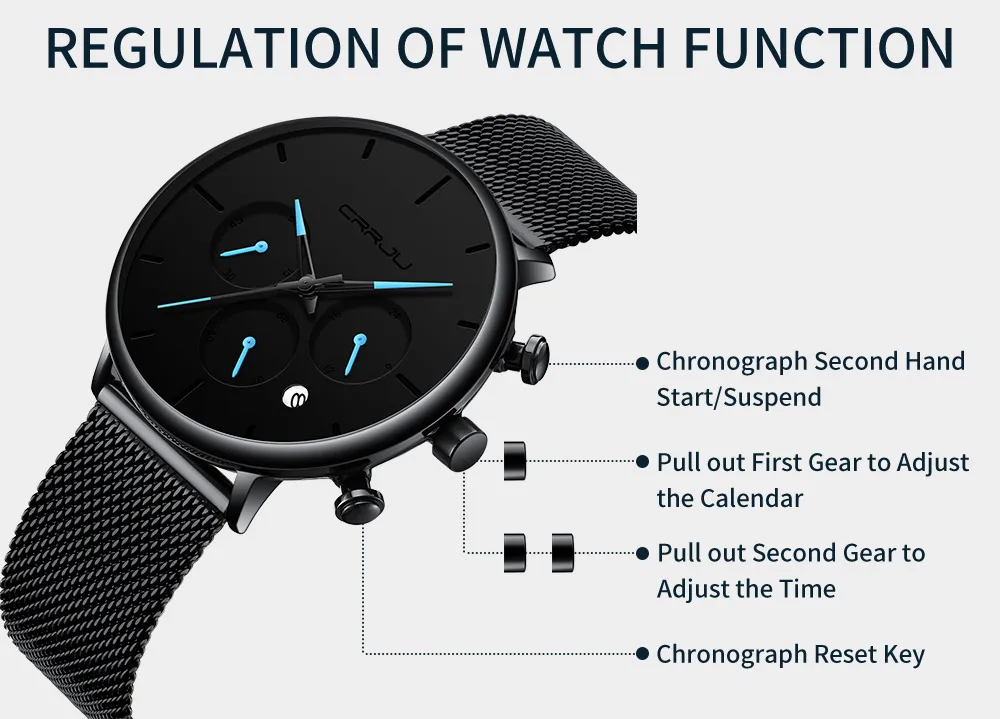 Топ люксовый бренд CRRJU мужские часы Простой стильный хронограф кварцевые сетчатые наручные часы минималистичные водонепроницаемые 24 часа часы с календарем