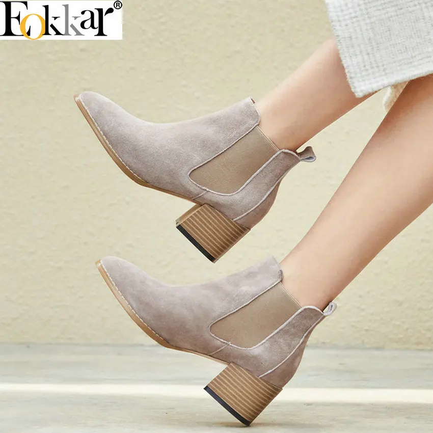 

Eokkar 2019 Ankle Boots For Women Cow Suede PU Square Heel Pointed Toe Winter Boots Women Black Fashion Women Shoes Size 34-40