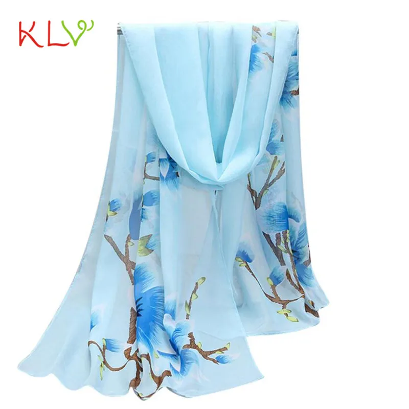 Элегантный Для женщин шелковый шарф голубой цвет шарфы с цветочным принтом платки и палантины леди пашмины пляжные хиджаб с украшениями