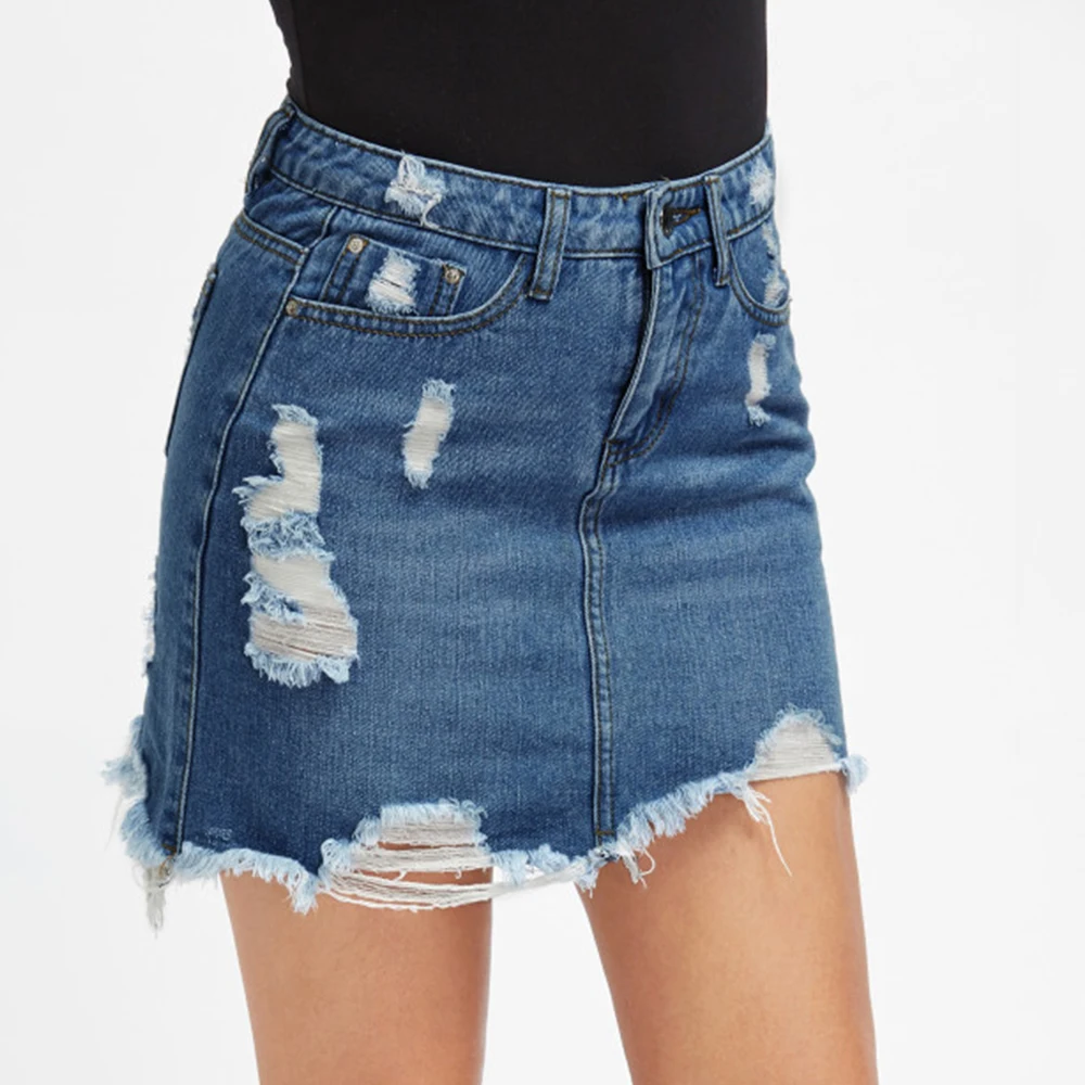 

Laamei 2019 Blue Ripped Casual Mini Denim Skirt Summer New Bodycon Women Skirt Basic Pocket Jeans Skirt Mid Waist Holes Skirt