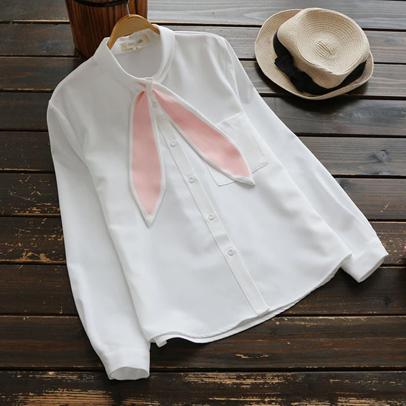 2017 Cute Long Rabbit Ears Bow Collar Blouse Full Sleeve Shirt White