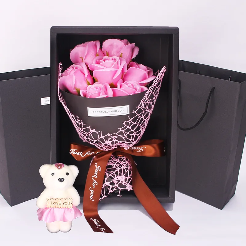 Flone Soap Flowers Bear Rose Bouquet Gift Box Artificial Flower Girlfriend Mother Birthday Present Valentine's Day Creative Gift (11)