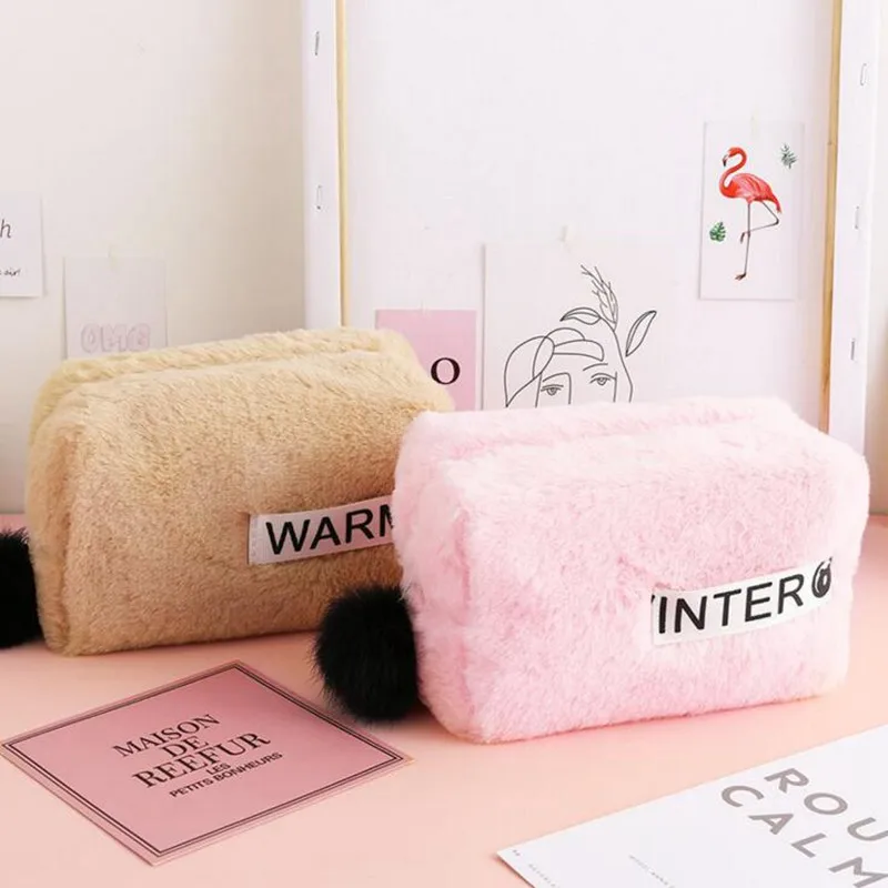 

Large Capacity Plush Cosmetic Bag Zipper Solid Color Make Up Beauty Case Toiletries Ladies Women Storage Travel Makeup Bag