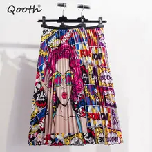 Qooth/Женские Плиссированные Юбки-миди с мультяшным принтом; сезон весна-лето; юбки трапециевидной формы с высокой талией ампир Harajuku из тюля для девочек; ; QH1832