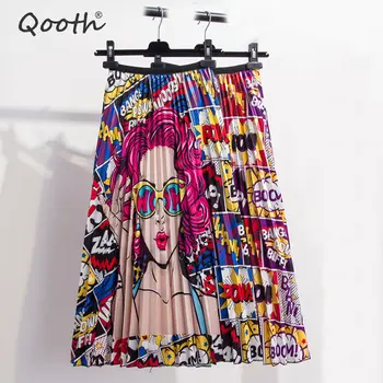 

Qooth Women Cartoon Printed Pleated Midi Skirts Spring Summer High Waist Empire Harajuku Tulle Girls 2019 A-Line Skirts QH1832