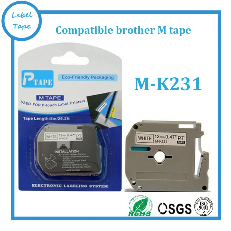 

20pcs/lot Compatible Brother M label Tapes M-K231 MK231 MK-231 12mm*8m Black on White Adhesive MK 231 tape