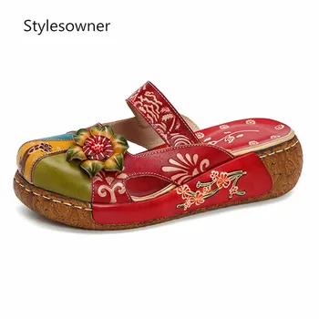 

Stylesowner 2019 New Summer Outside Woman Fashion Slippers Genuine Leather Behemian Beach Flat Slippers Hollow out Slip-on Shoes