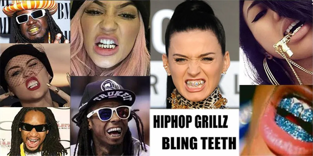 GUCY Gold Hip Hop Teeth Grillz Micro Pave Fuchsia CZ Stone Iced Out Top&Bottom Grills Set Vampire Teeth Caps Mouth Jewelry Party