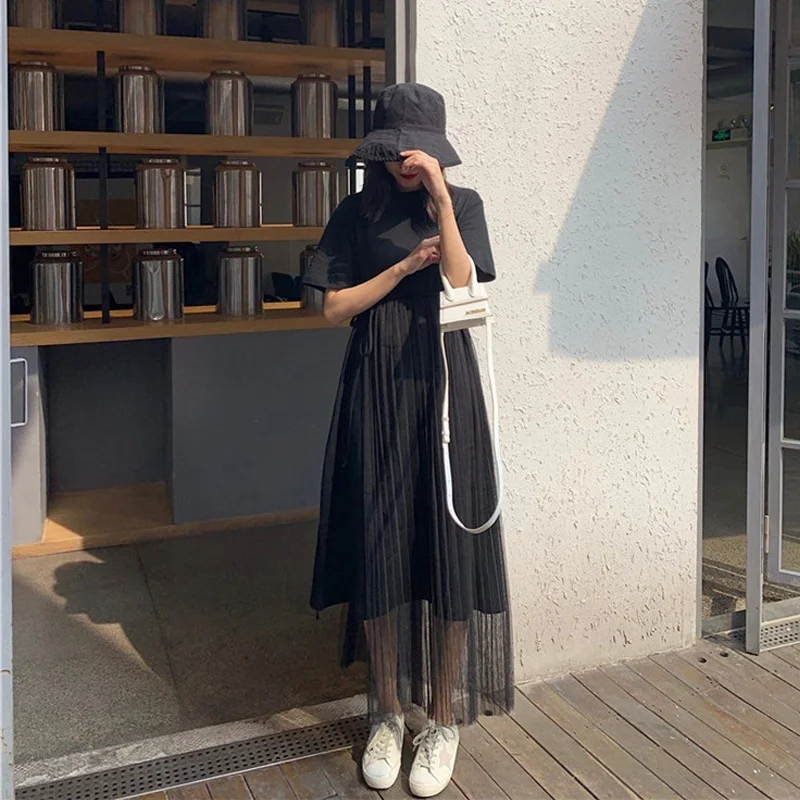 

Women's Maxi Dress Casual Short Sleeve Long Dress Loose Pleated Mesh Summer Fashion Dresses