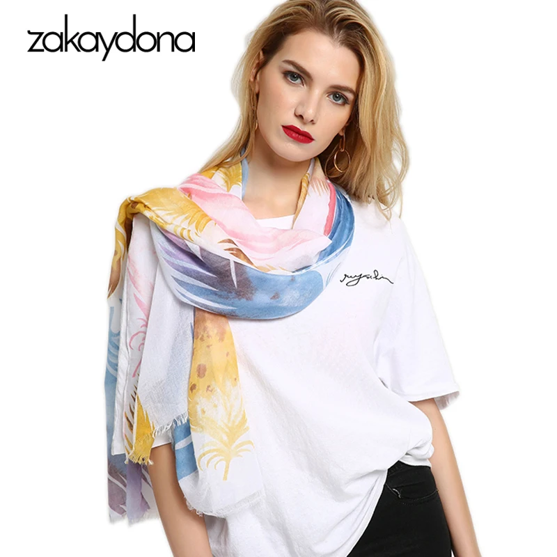 

zakaydona Cotton Scarf Luxury Brand 2018 Feather Print Pashmina Cachecol Female Colorful Big Shawl Scarf For Women 180*90CM 5007