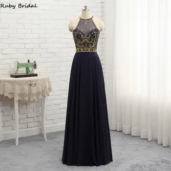 

2019 New Vestido De Noite Long A-line Navy Blue Evening Dresses Sexy Chiffon Beaded Top Cheap Party Prom Gown PW919