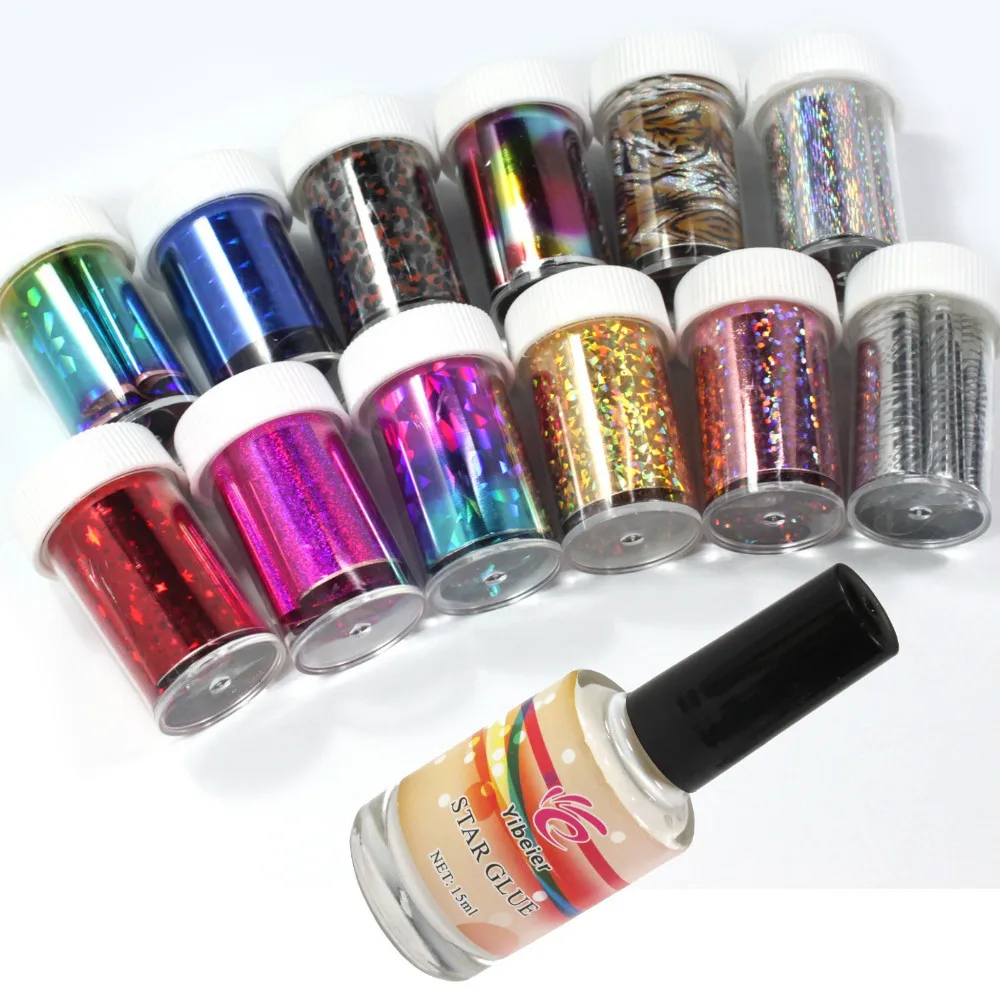 

12 Colors Nail Art Transfer Foil Sticker for Nail Tips Decoration & Glue Set