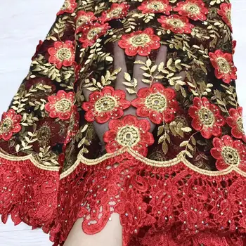 

African Nigerian Lace African Lace Fabrics New Red Gold Nigerian French Lace Fabric Rhinestones Tulle Fabric Wedding Party