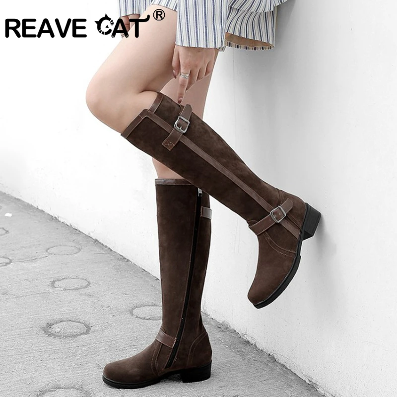 Reave Cat Western Boots Buckle Flock Thigh High Shoes