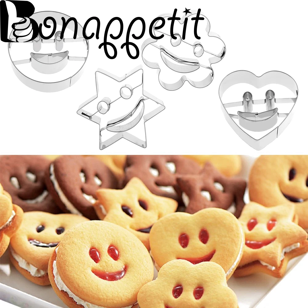 

New Arrive 4Pcs/Set Nice Stainless Steel Smiling Face Biscuit Cookie Cutter Bakeware Cake Decorating Tool DIY Baking Mould