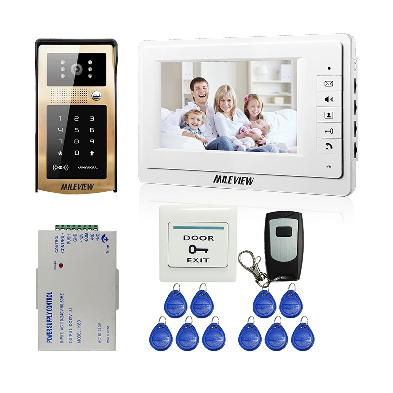 

FREE SHIPPING Wired 7" Color Screen Video Door Phone Intercom System + Golden Metal Waterproof RFID Code Keypad Doorbell Camera