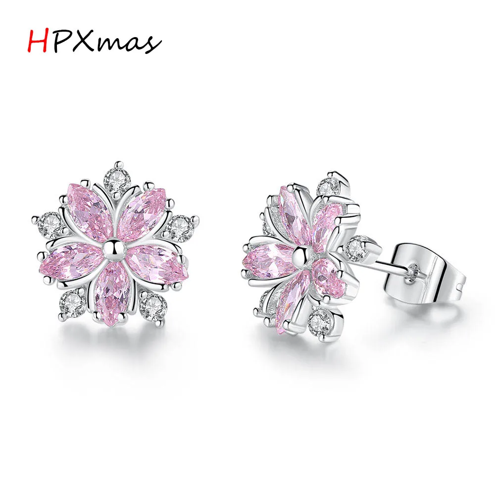 

HPXmas Fashion Small Pink Flower Petal Glitter CZ Stud Earrings with crystal for Women accessories Jewelry gift B23