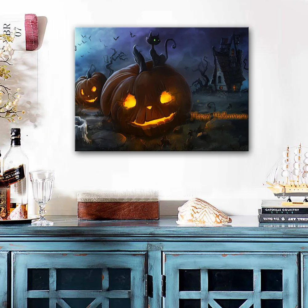 

Stretched Canvas Prints Halloween Pumpkin Lantern Castle LED Interstellar Print LED Wall Art LED Decorations 18091104
