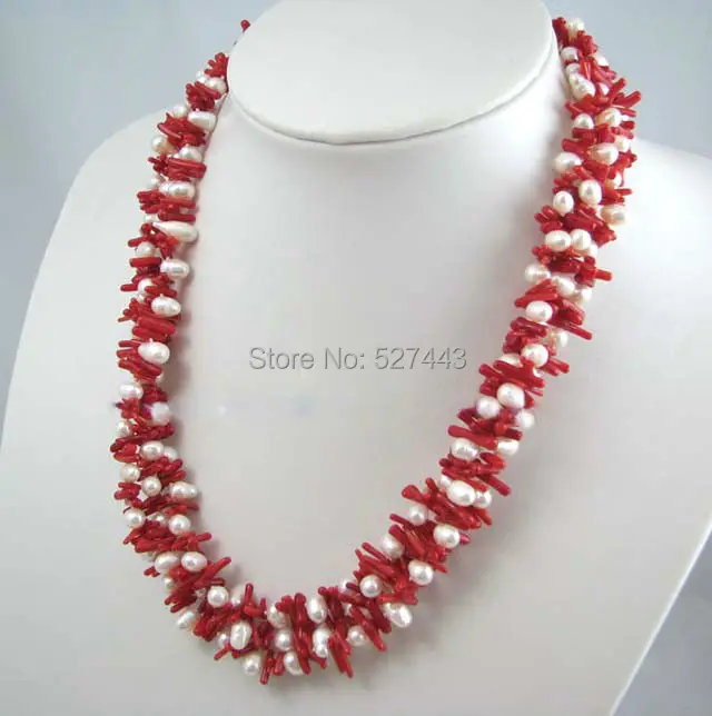

Wholesale free shipping >>>>> necklace 3 strands red coral stick chip beads mixed pearls 24