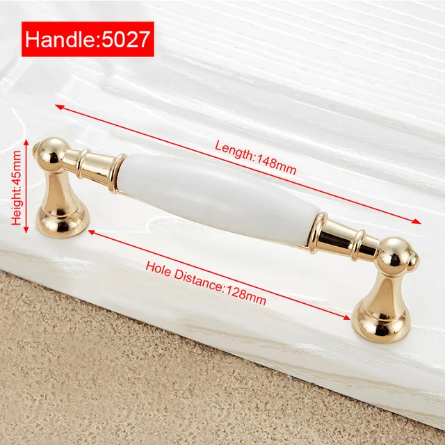 NAIERDI Gold White Creamic Gold Cabinet Handles Knobs Drawer Pulls Kitchen Door Handles Furniture Handle Cabinet Door Hardware 5027-128G