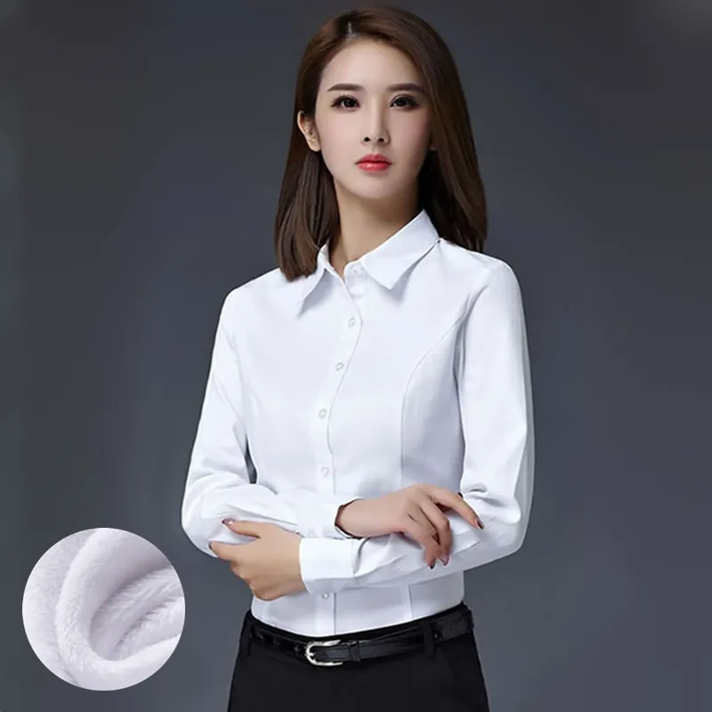 

S-5XL Women's Work Shirt Winter 2016 Formal Business White Shirt Plus velvet Thicker Warm Twill / Solid Slim Career Tops Female