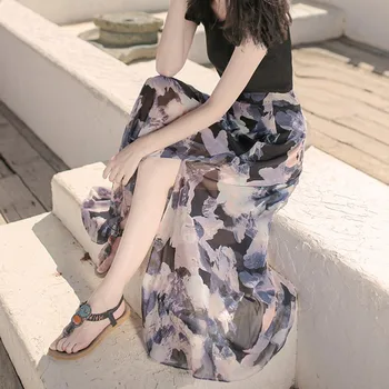 

women Sets Summer Women's Korean Print Skirt T+ Long Open Black Set Plus Chiffon Side Thin Flower Cotton T-Shirt