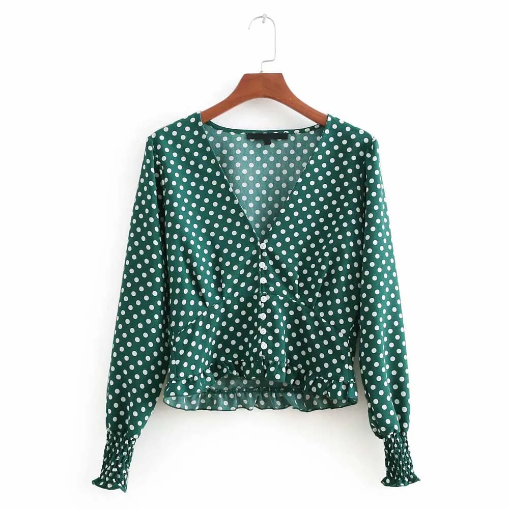 

ANSFX Fashion Polka Dot Print Green Blouse Deep V-Neck Long Sleeve Shirt Sweet Women Vintage Ruffle Short Tops Summer blusas