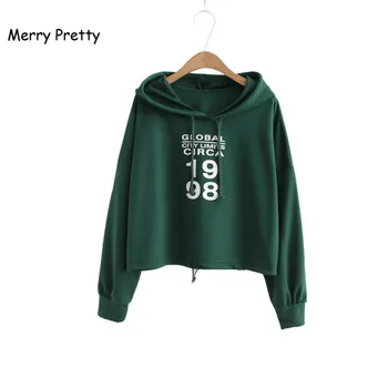 

Merry Pretty Gray Cropped Hoodies Drawstring Kawaii Women Letters Print Long Sleeve Hooded Sweatshirt 2018 Autumn Casual Hoodies
