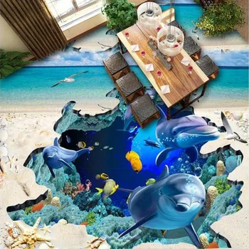 Customized Any Size 3D Mural Ocean Dolphin Starfish Living Room Bathroom Self-adhesive Waterproof Floor Vinyl Wallpaper Roll customized 3d wallpaper 3d floor painting wallpaper flame 3d bathroom floor tile in a sitting room 3d living room photo wallpaer