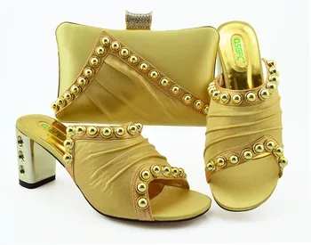 

2019 Fashionable Nigerian Shoes and Bag Set African Sets Gold Color Italian Shoes with Matching Bags for Royal Wedding Party