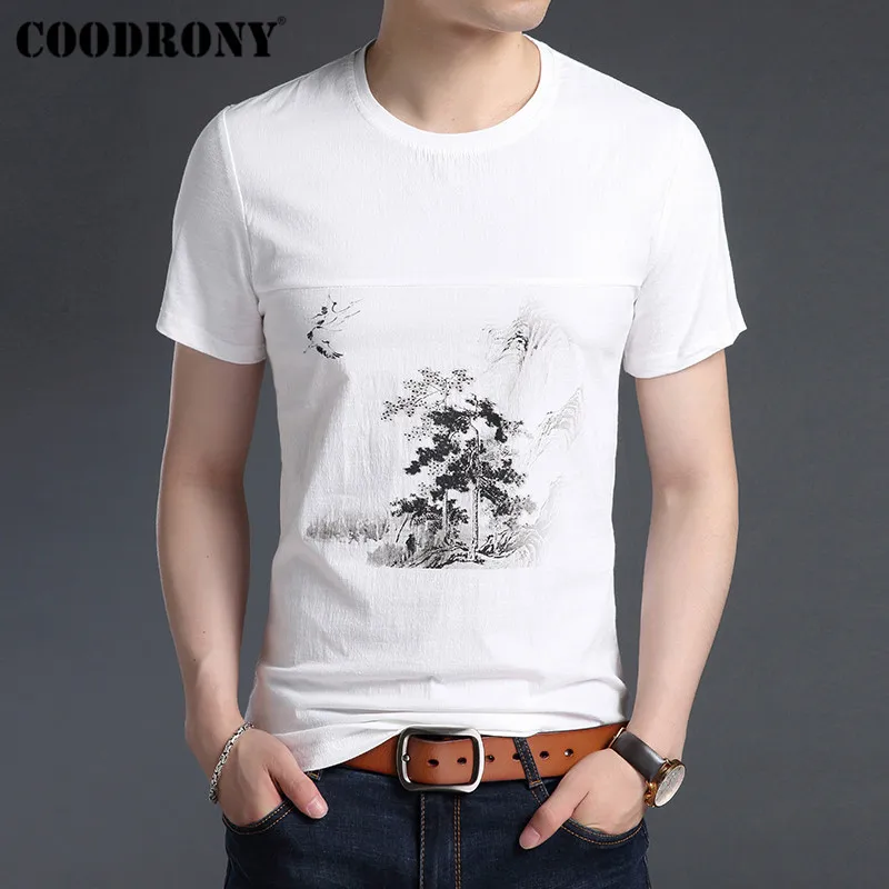 

COODRONY 2019 Summer Chinese Style Painting T Shirt Men Soft Cotton Linen Short Sleeve T-Shirt Men O-Neck Tee Shirt Homme S95030