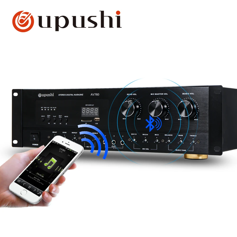 Oupushi профессиональные караоке усилитель мощности 250 Вт+ 250 Вт Bluetooth управление для домашнего кинотеатра, усилитель